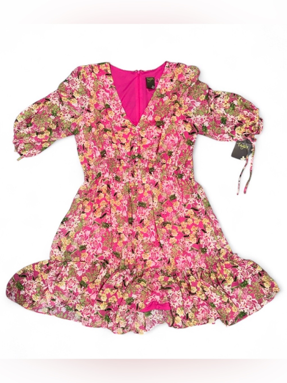 NWT Taylor Pink Floral V-Neck Ruffle Mini Dress 3/4 Sleeves